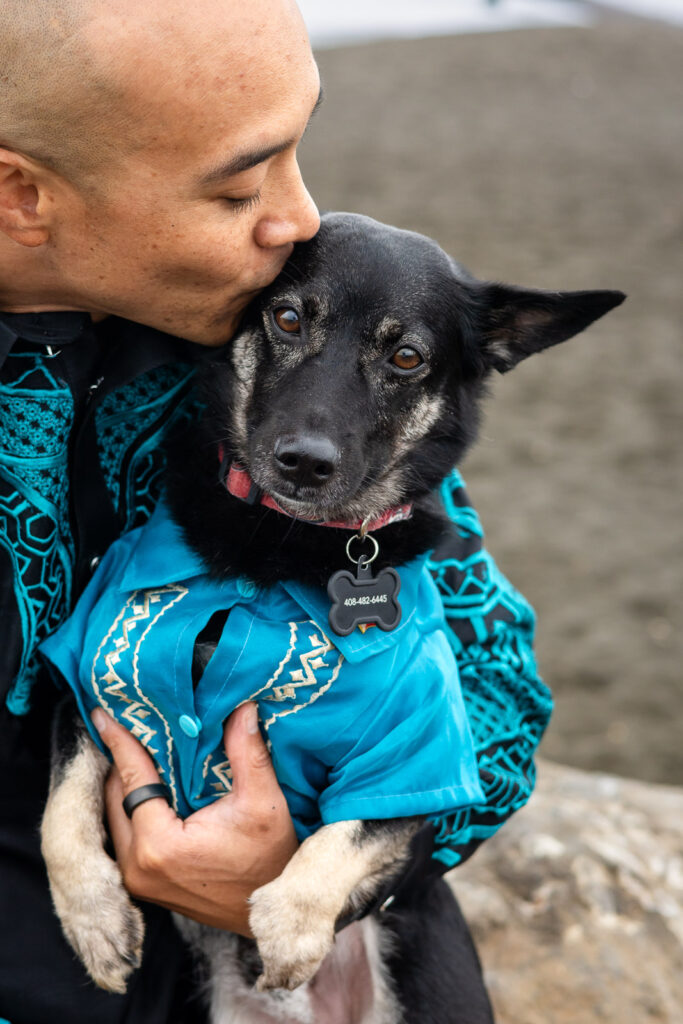 Man kissing his black rescue dog during a relaxed beach photo session with dog.